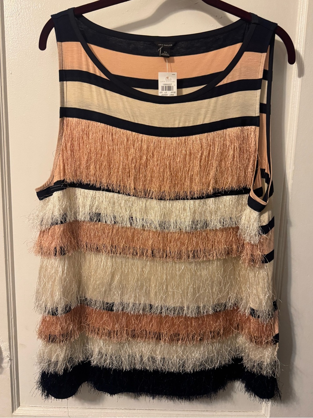 Ann Taylor Striped Fringe Sleeveless Top - Peach, Cream & Navy
